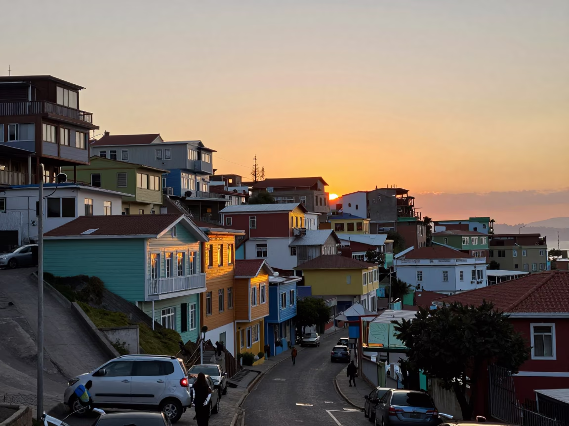 Valparaiso Chile Street Scene at Sunset with Fishing Floats and Local Architecture in in Valparaiso, Chile