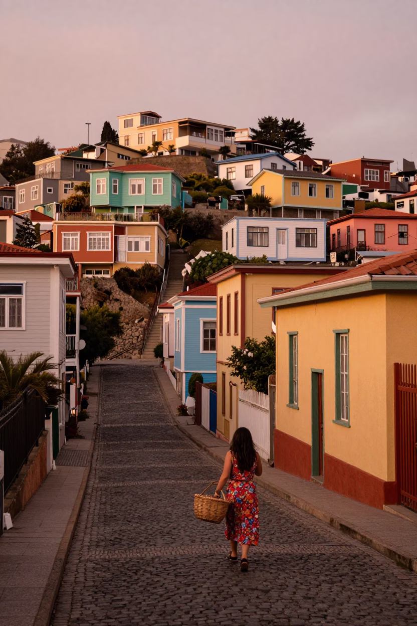 Valparaiso Chile Street Scene Copper Dusk Light Colorful Hillside Houses Local Life in in Valparaiso, Chile