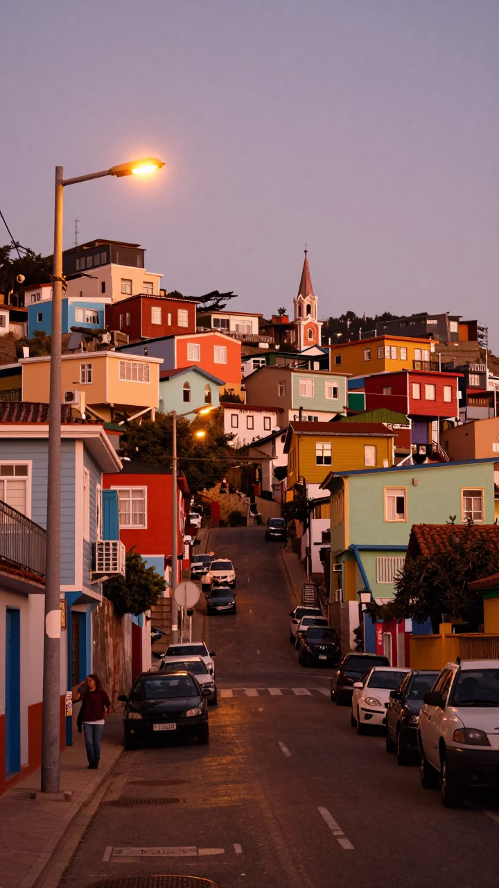Valparaiso Chile Street Scene Copper Light Before Dusk with Colorful Hillside Houses in in Valparaiso, Chile