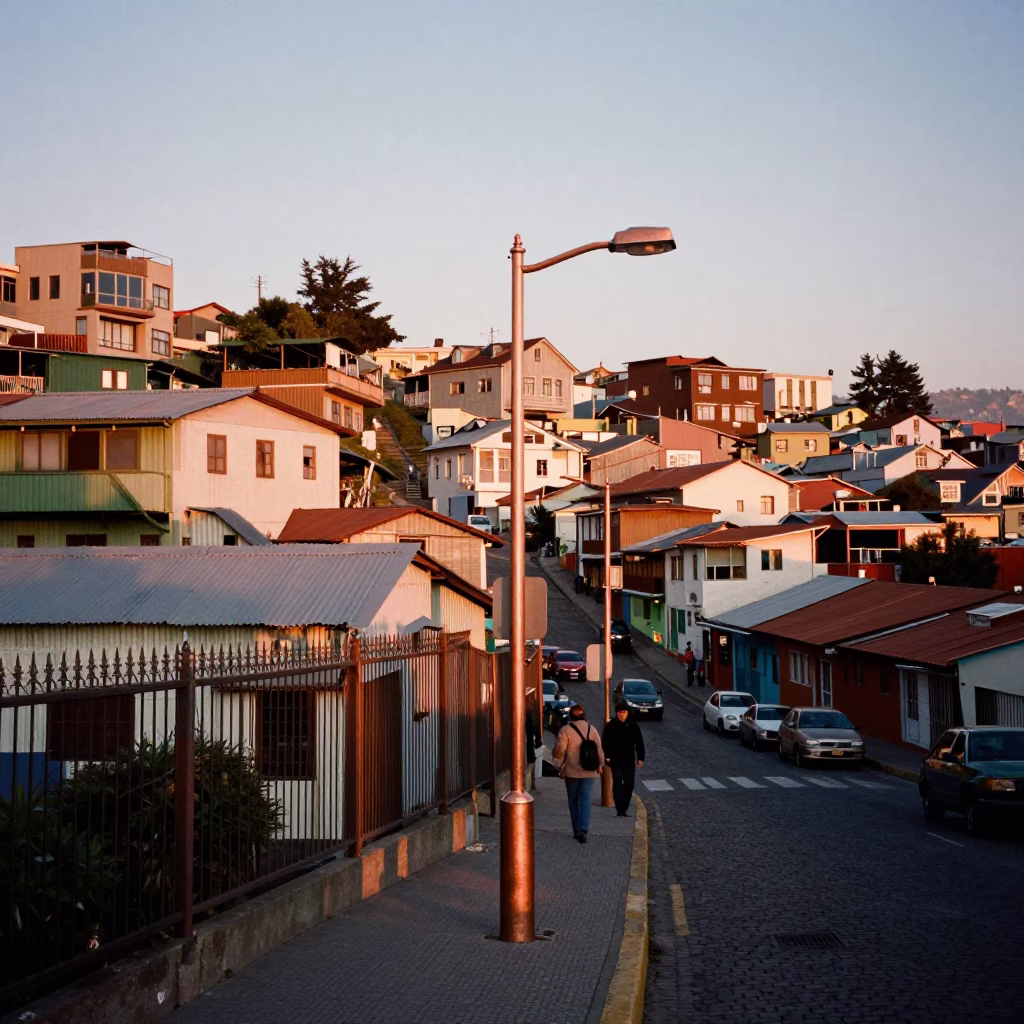 Valparaiso Chile Street Scene Copper Light Substation Fence and Local Life in in Valparaiso, Chile
