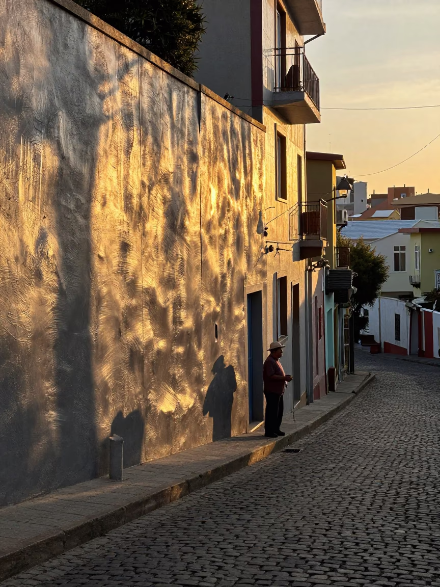 Valparaiso Chile Street Scene Golden Hour Brushed Steel Plaster Wall and Local Life in in Valparaiso, Chile