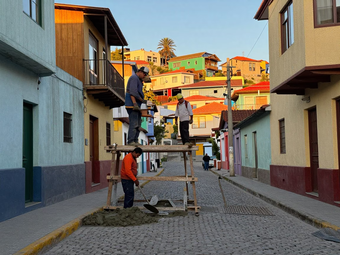 Valparaiso Chile Street Scene Late Afternoon Masonry Work and Local Life in in Valparaiso, Chile
