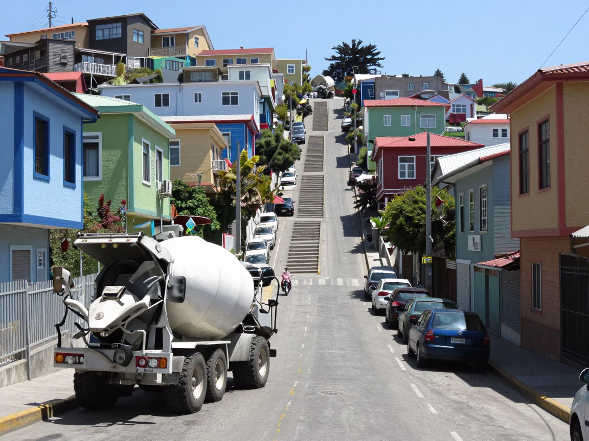 Valparaiso Chile Street Scene With Cement Mixer And School Staircase Under Noon Sun in in Valparaiso, Chile