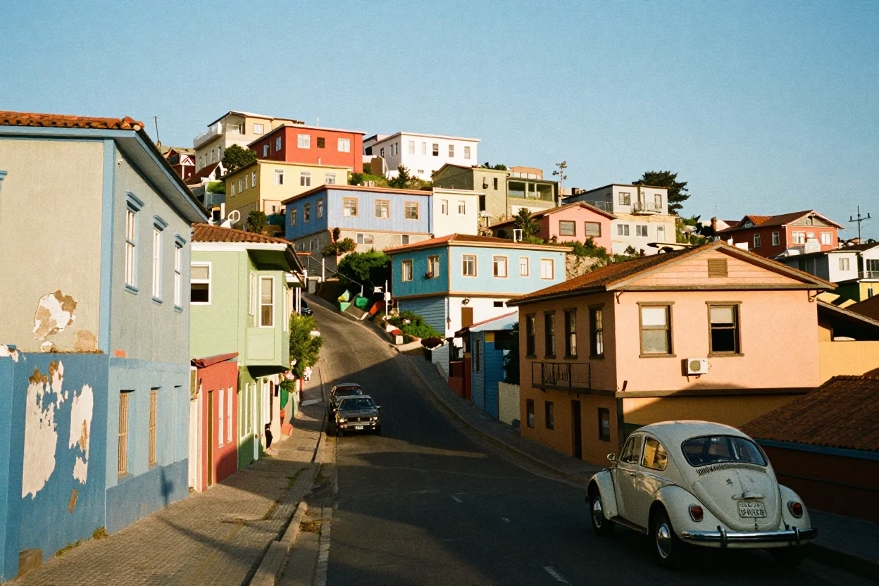 Valparaiso Chile street scene with colorful hillside houses and vintage car in late afternoon in in Valparaiso, Chile