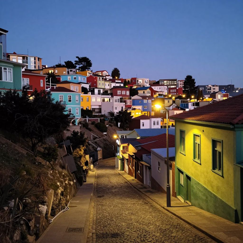 Valparaiso Chile street scene with colorful houses and city lights glowing at dusk in in Valparaiso, Chile