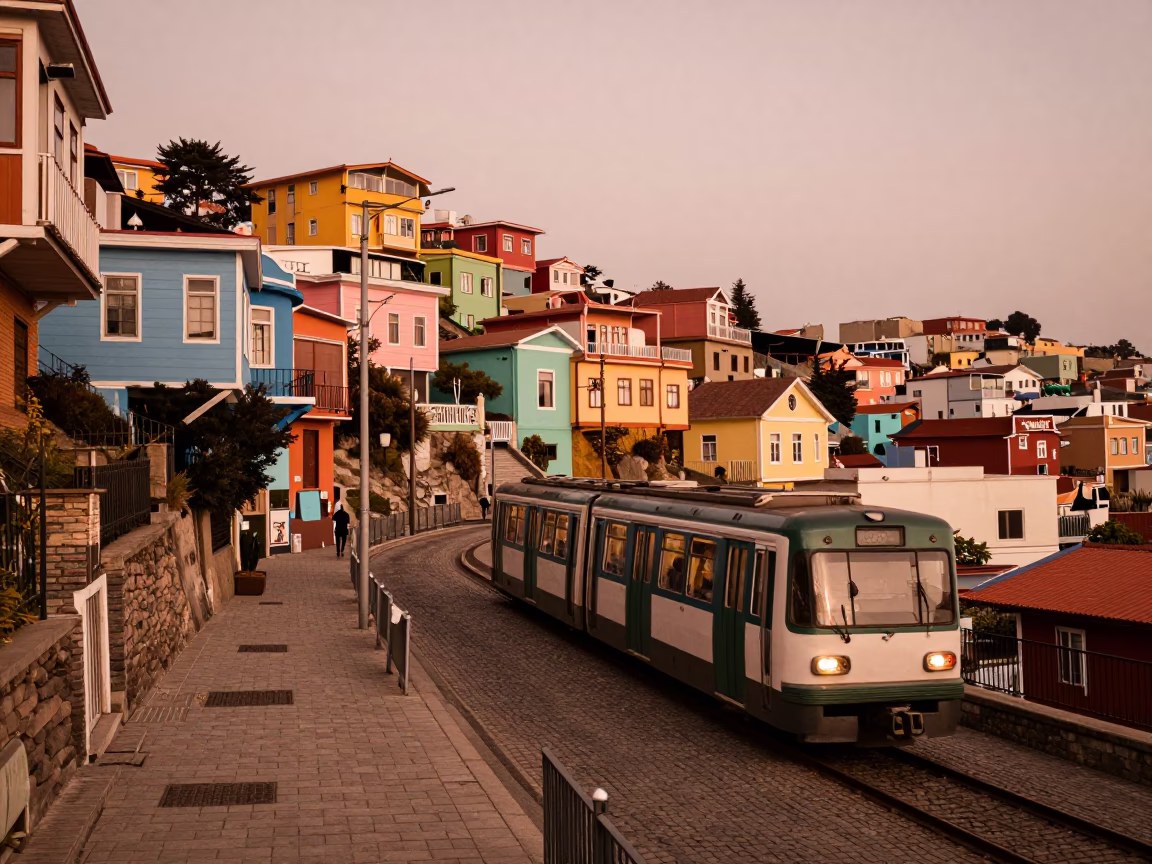Valparaiso Chile Street Scene with Colorful Houses and Metro Train Before Dusk in in Valparaiso, Chile