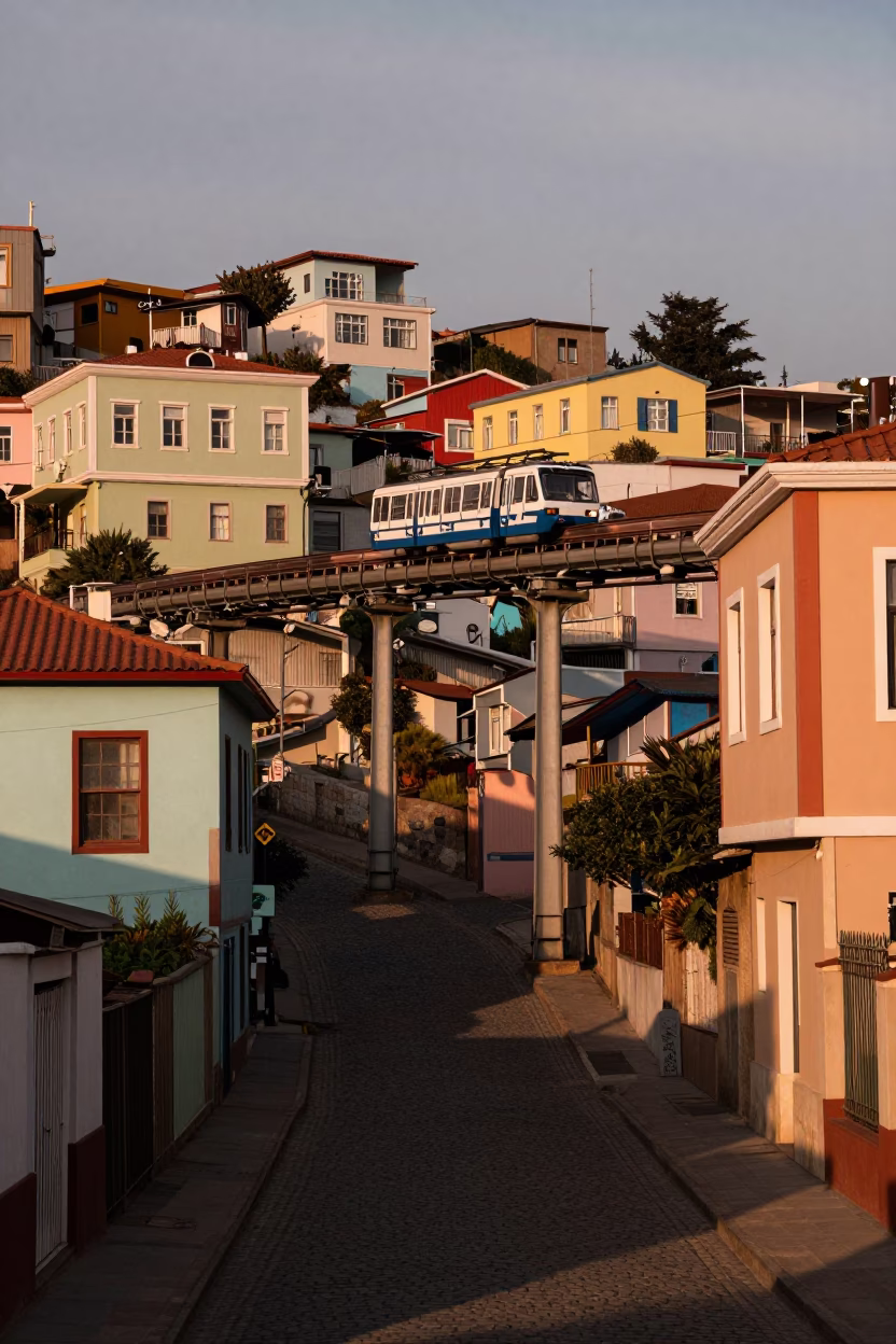 Valparaiso Chile street scene with colorful houses and monorail before dusk in in Valparaiso, Chile