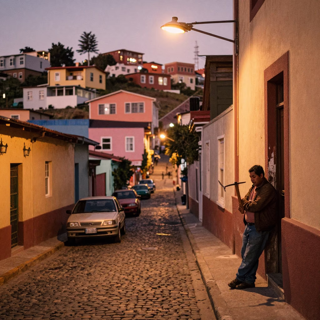 Valparaiso Chile Street Scene with Crowbar and Copper Dusk Light in in Valparaiso, Chile
