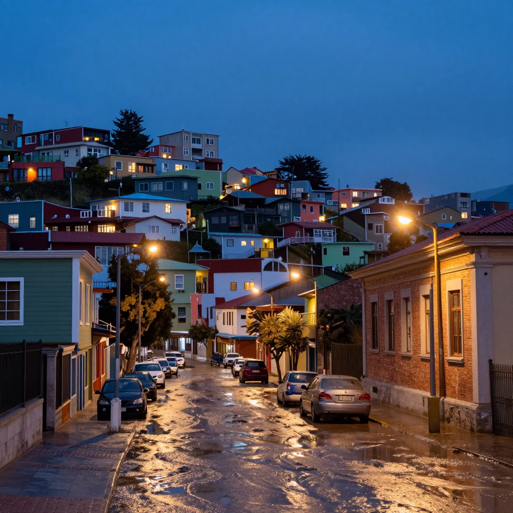 Valparaiso Chile Street Scene with Muddy Floodwater and Brick Architecture at Dusk in in Valparaiso, Chile
