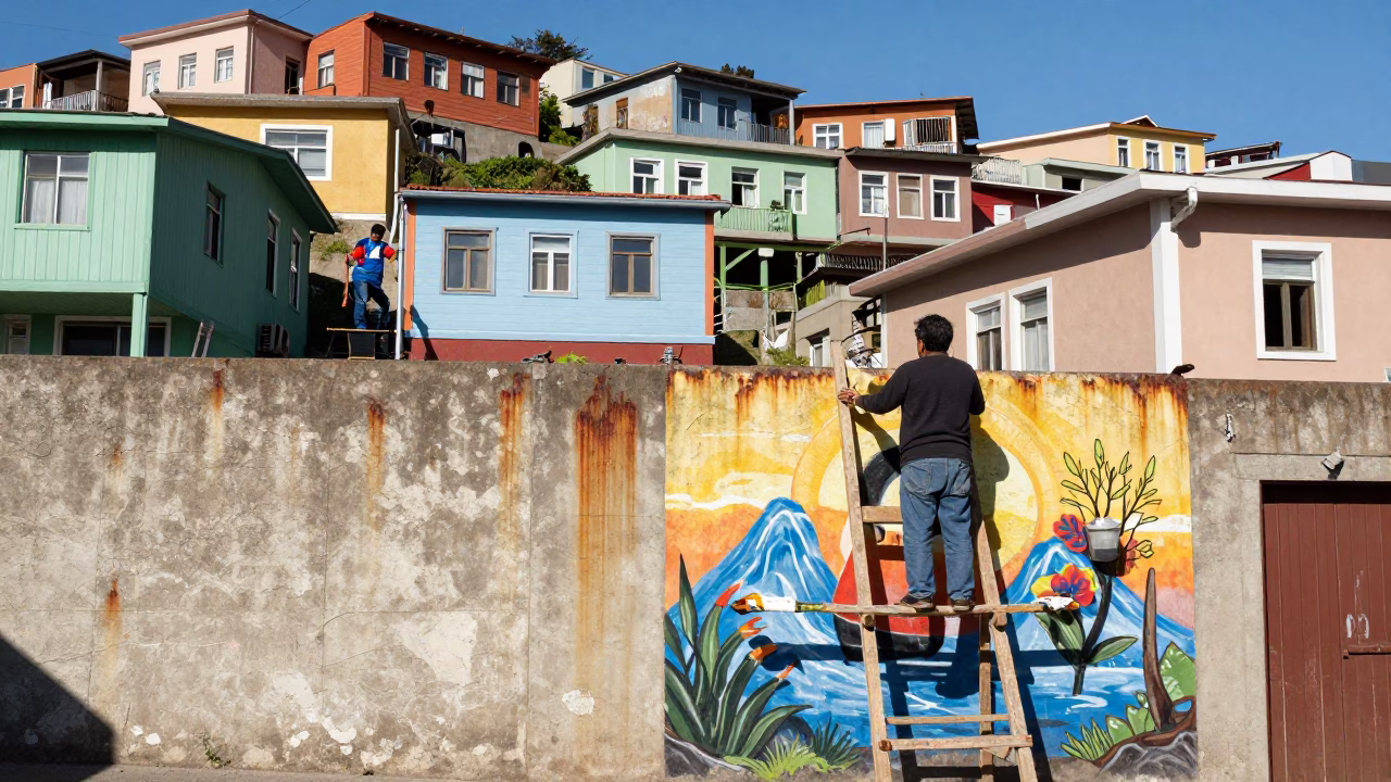 Valparaiso Chile Street Scene with Muralist and Rusty Wall Details in in Valparaiso, Chile