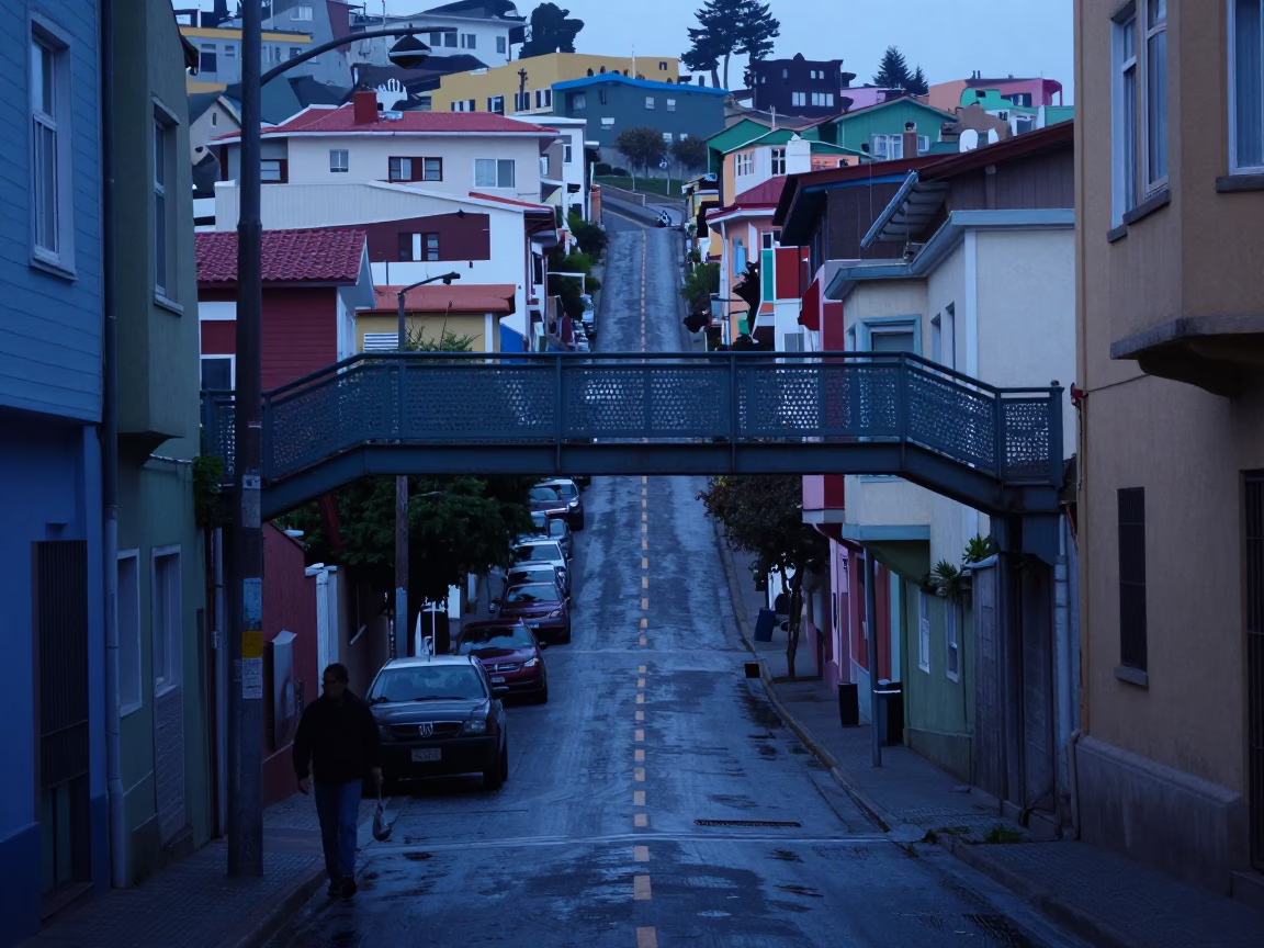 Valparaiso Chile street scene with pedestrian overpass and wet footsteps before sunrise in in Valparaiso, Chile