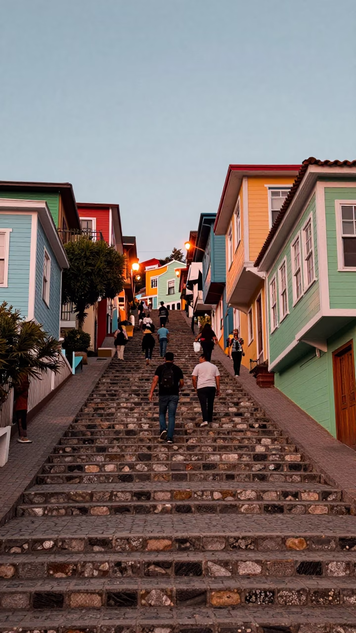 Valparaiso Chile Street Scene with Stairs and Copper Light Before Dusk in in Valparaiso, Chile