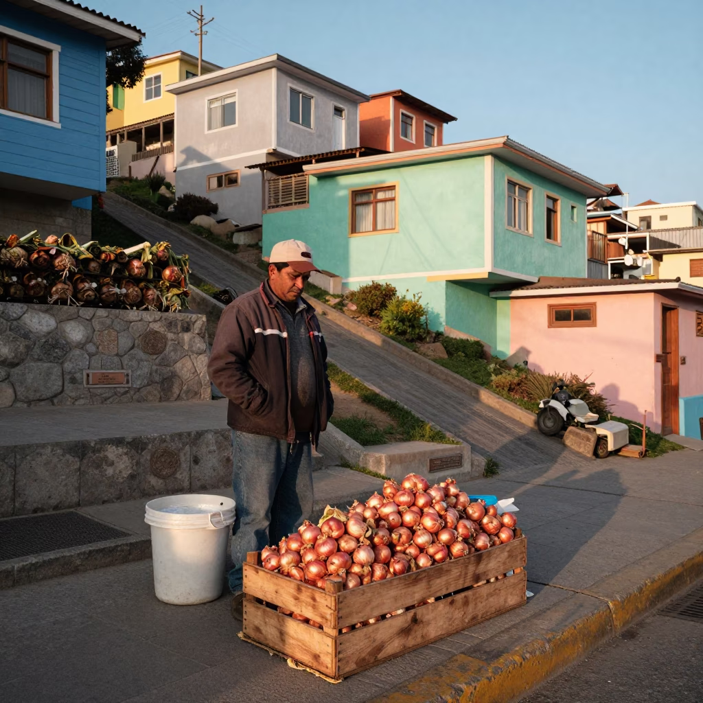 Valparaiso Chile Street Vendor Selling Onions Near Colorful Hillside Houses Early Afternoon in in Valparaiso, Chile