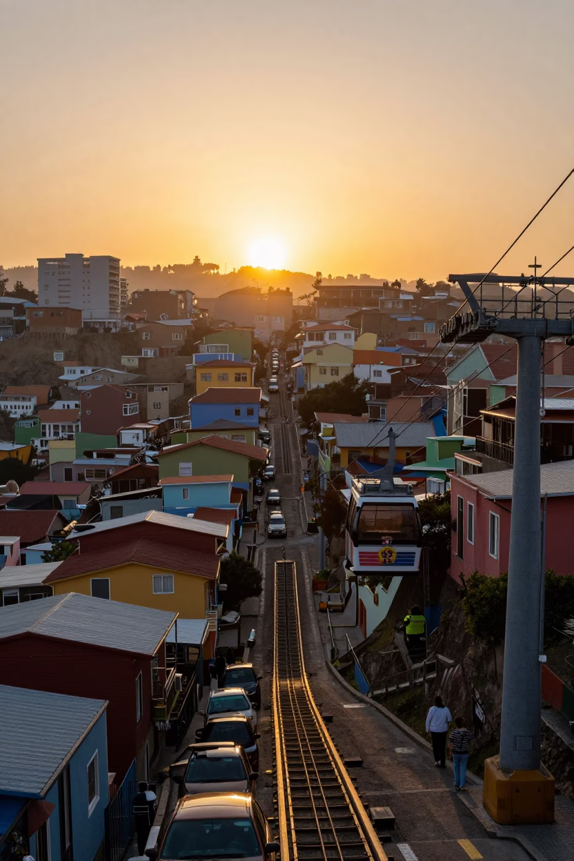 Valparaiso Chile Sunset Gondola Lift Over Colorful Steep Hillside Streets in in Valparaiso, Chile