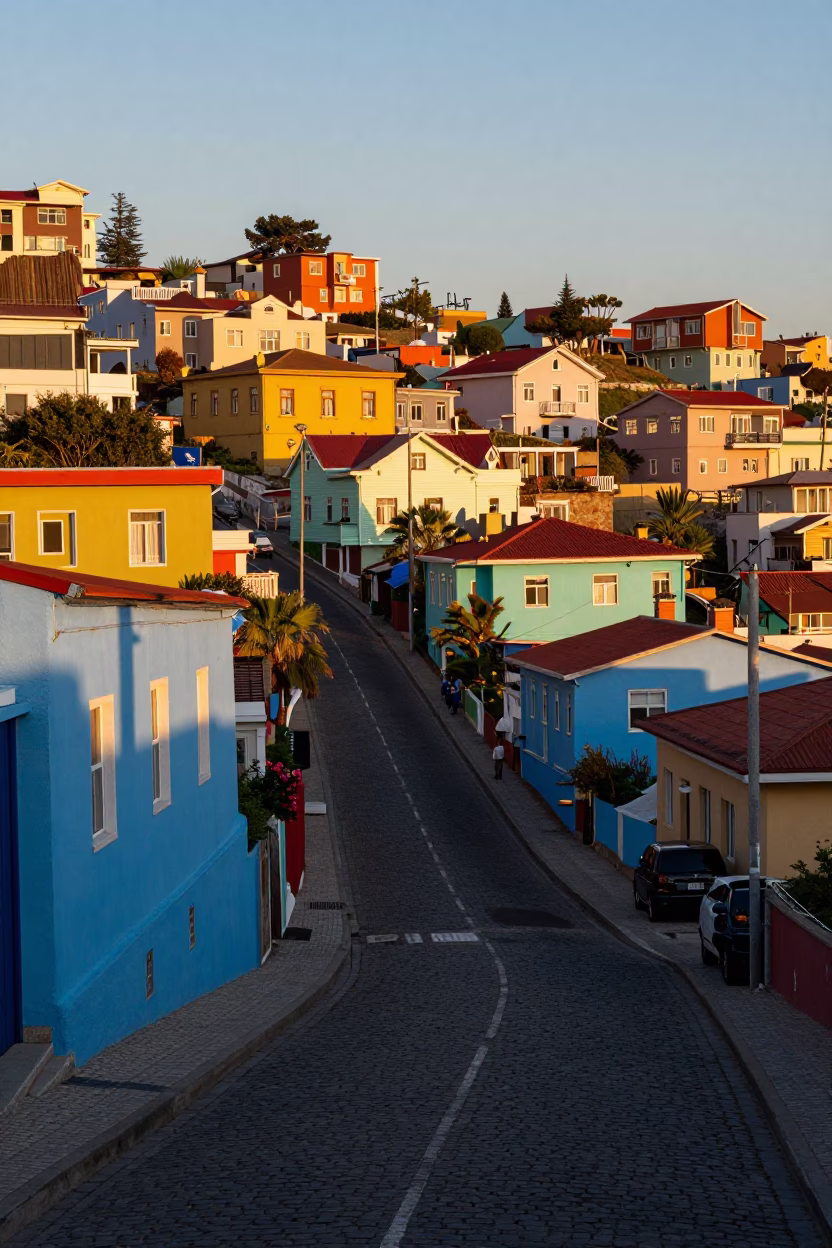 Valparaiso Chile Sunset Highway Flyover and Colorful Hillside Houses in in Valparaiso, Chile
