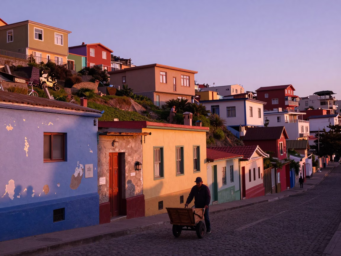 Valparaiso Chile Sunset Street Scene Colorful Hillside Neighborhood Candid Moment in in Valparaiso, Chile