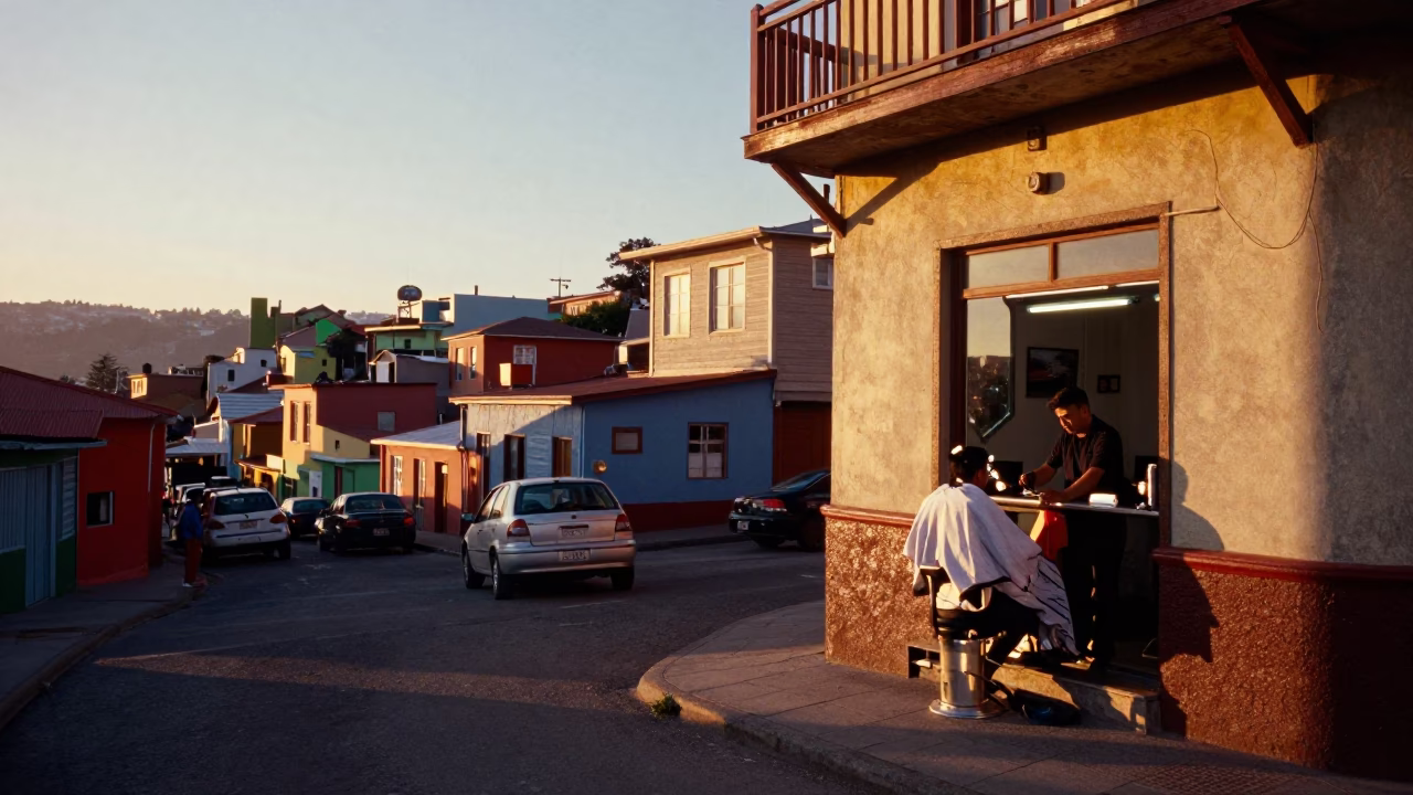 Valparaiso Chile Sunset Street Scene with Barber Shop Window and Urban Details in in Valparaiso, Chile