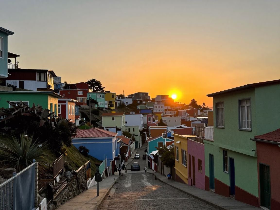 Valparaiso Chile Sunset Street Scene with Colorful Hillside Houses and Coiled Rope Detail in in Valparaiso, Chile