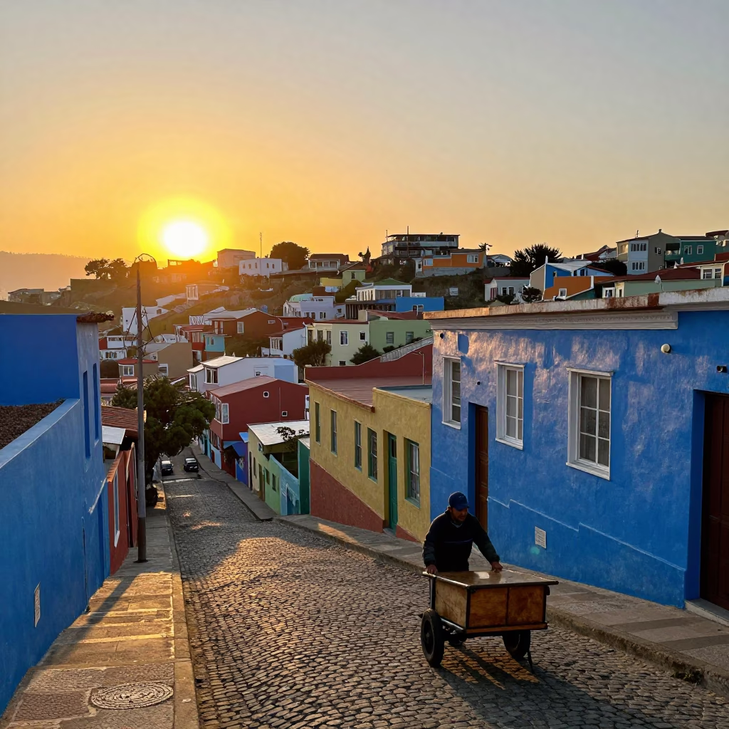 Valparaiso Chile Sunset Street Scene with Colorful Hillside Houses and Local Life in in Valparaiso, Chile