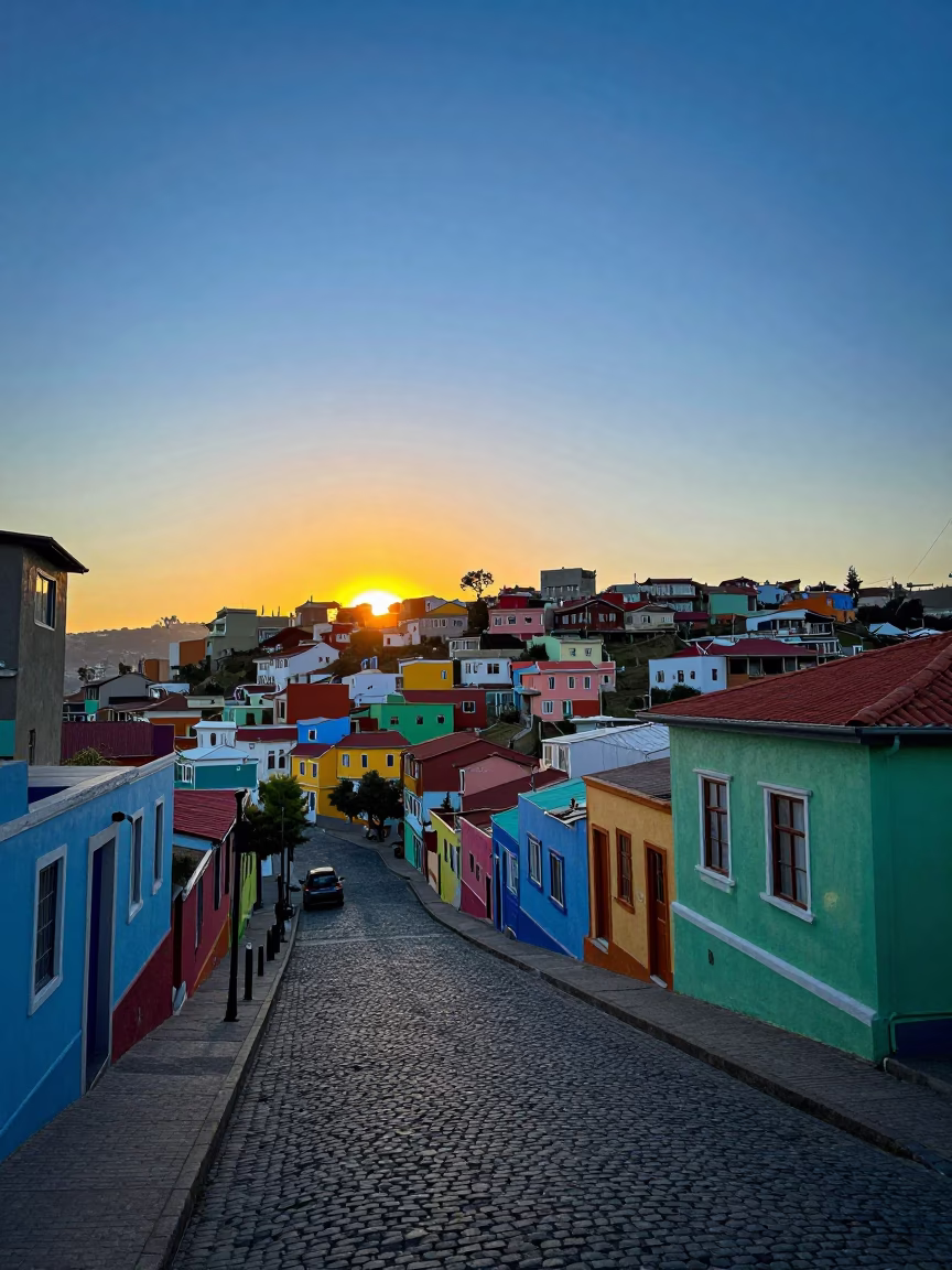 Valparaiso Chile Sunset Street Scene with Colorful Houses and Local Life in in Valparaiso, Chile