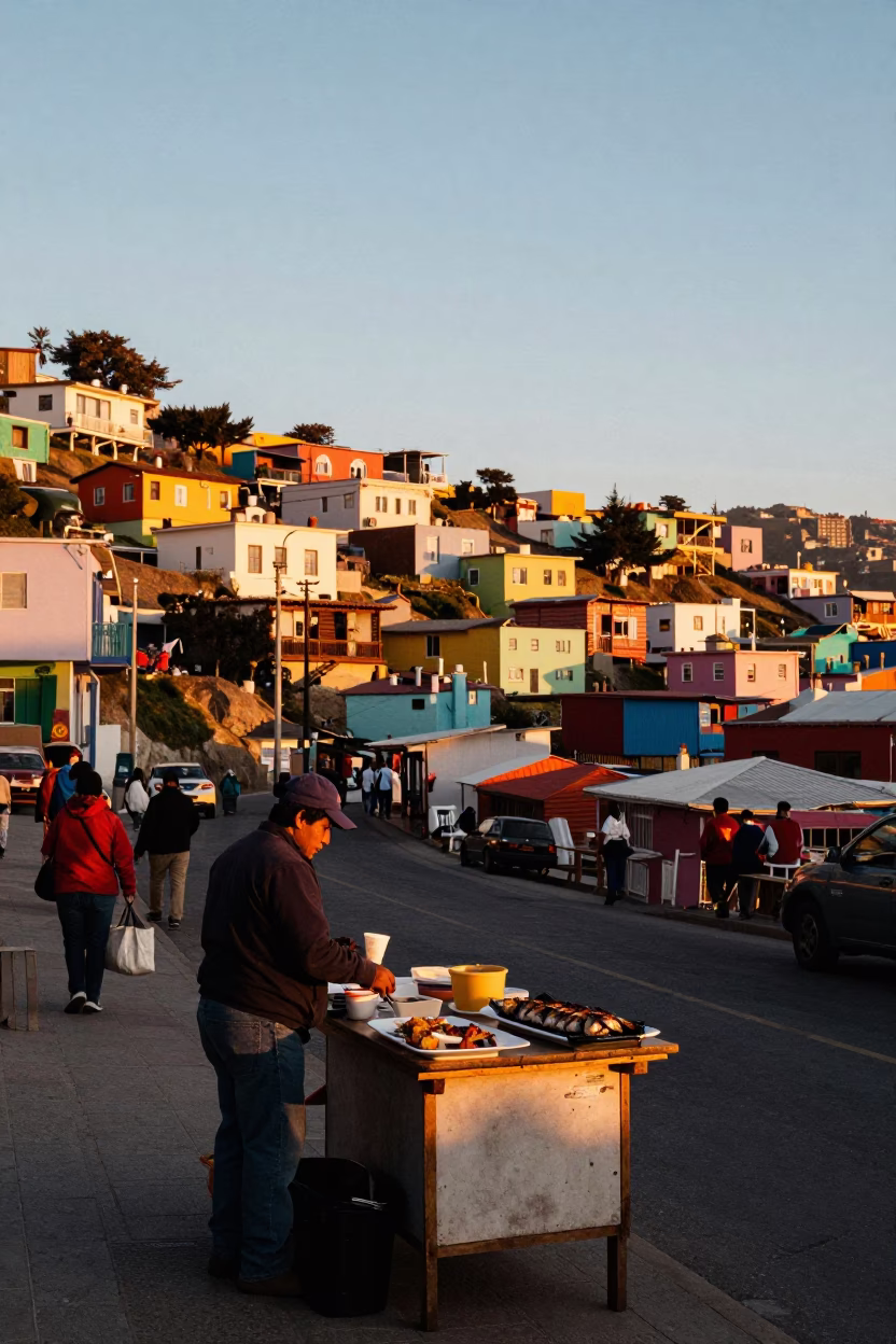 Valparaiso Chile Sunset Street Scene with Grilled Fish and Local Market Activity in in Valparaiso, Chile