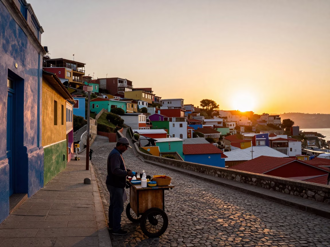 Valparaiso Chile Sunset Street Scene with Local Vendor and Colorful Architecture in in Valparaiso, Chile