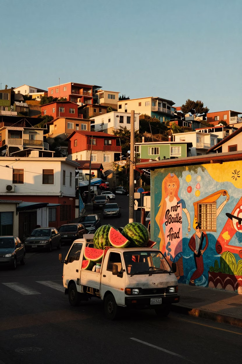 Valparaiso Chile Sunset Street Scene with Watermelon Truck and Local Life in in Valparaiso, Chile
