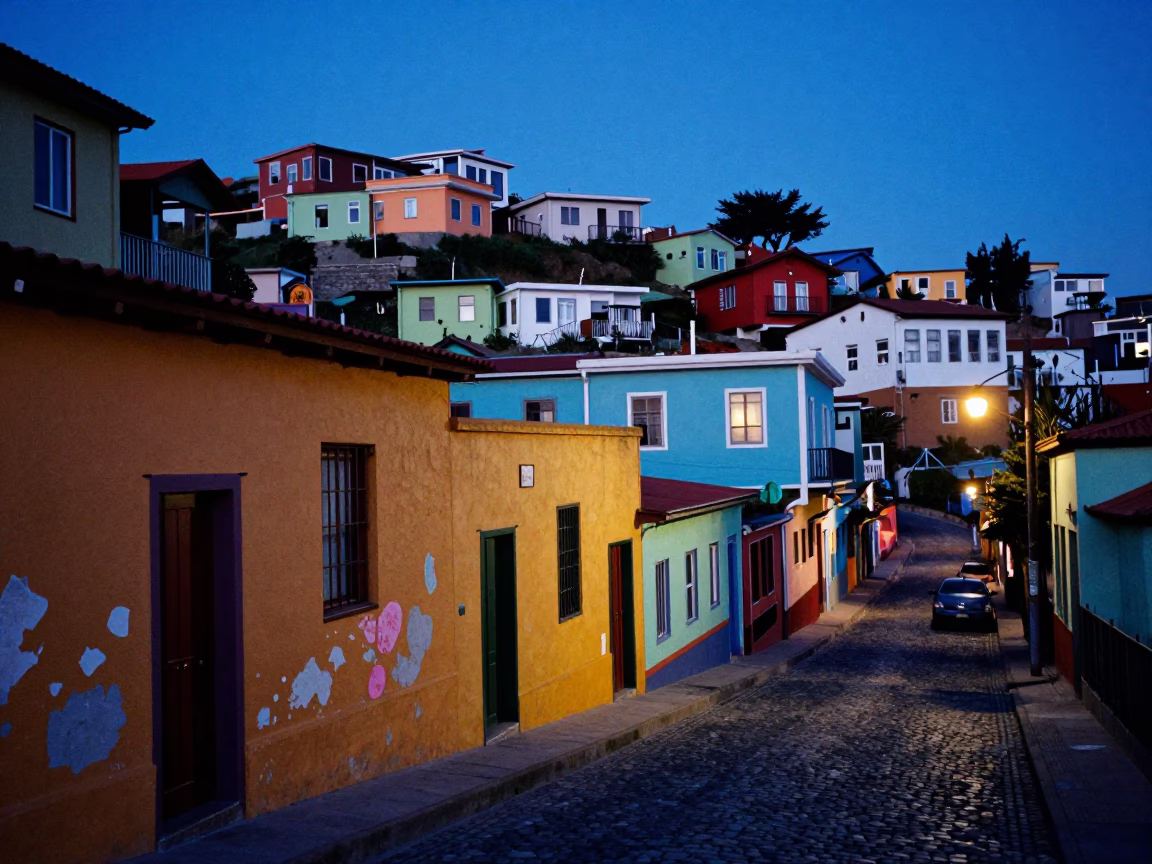 Valparaiso Chile Twilight Street Scene Colorful Houses and Paint Flecks on Rail in in Valparaiso, Chile