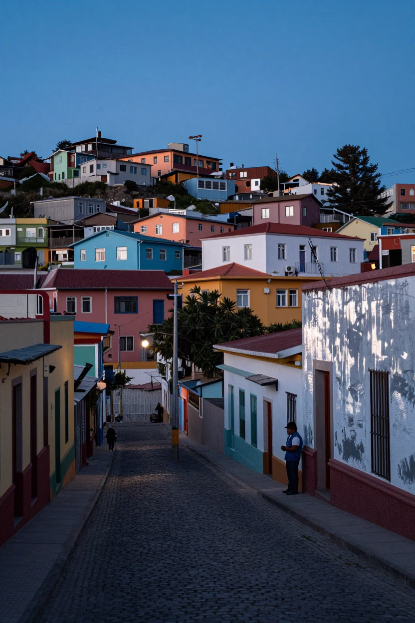 Valparaiso Chile Twilight Street Scene with Brushed Steel and Scratched Sill Details in in Valparaiso, Chile
