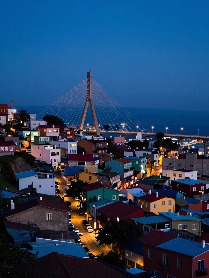 Valparaiso Chile Twilight Street Scene with Cable-Stayed Bridge and Colorful Architecture in in Valparaiso, Chile