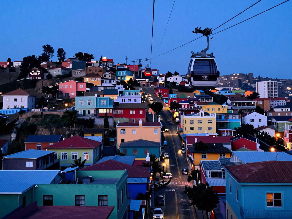 Valparaiso Chile twilight street scene with colorful buildings and gondola lift ascending in in Valparaiso, Chile