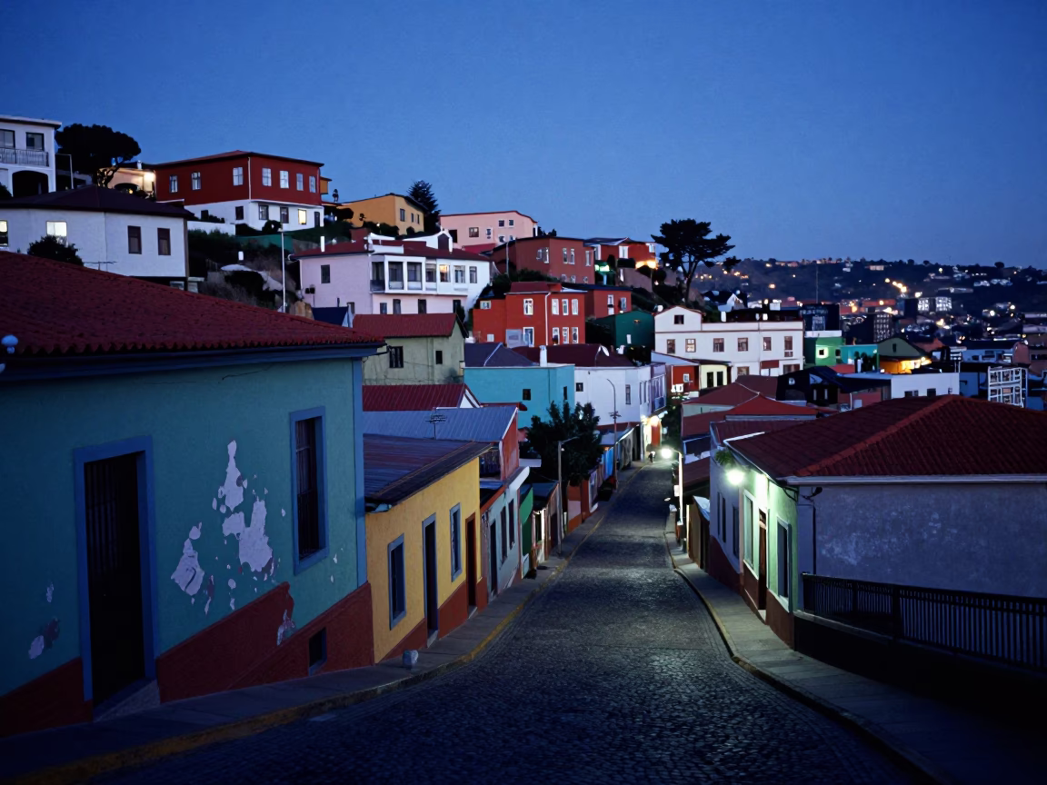 Valparaiso Chile Twilight Street Scene with Colorful Facades and Night Light in in Valparaiso, Chile
