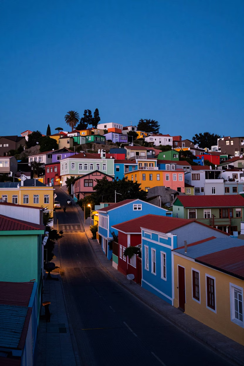Valparaiso Chile Twilight Street Scene with Colorful Hillside Houses and Local Activity in in Valparaiso, Chile
