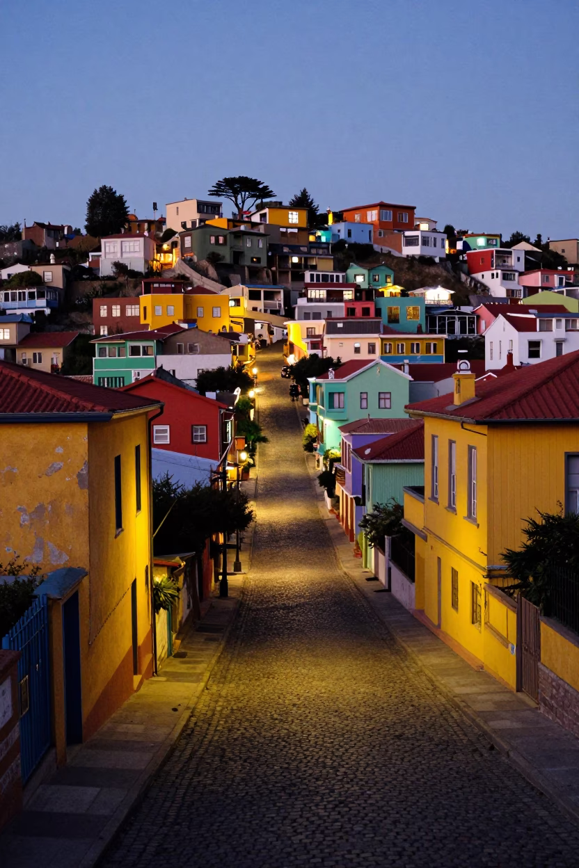 Valparaiso Chile Twilight Street Scene with Colorful Hillside Houses and Local Street Life in in Valparaiso, Chile