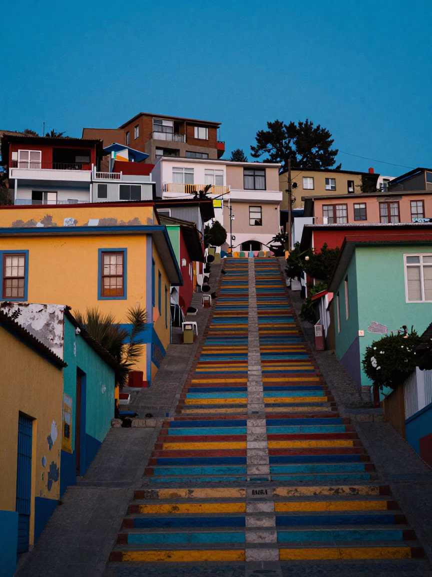 Valparaiso Chile Twilight Street Scene with Colorful Stairs and Local Life in in Valparaiso, Chile