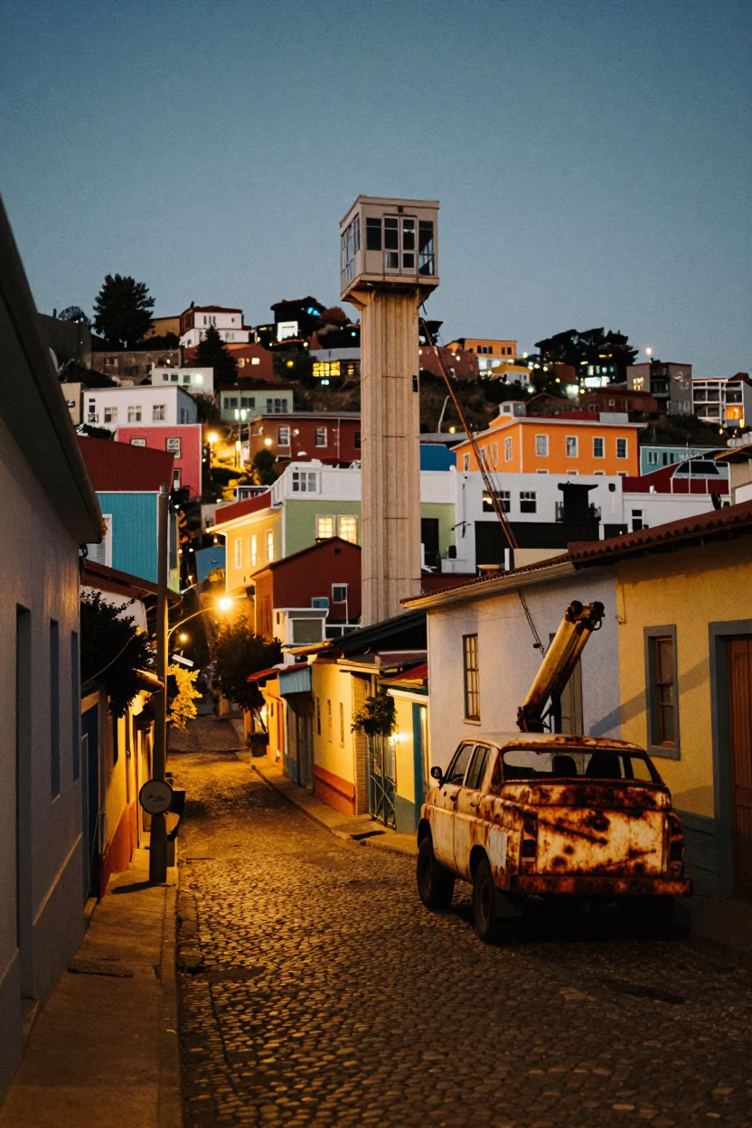 Valparaiso Chile Twilight Street Scene with Construction Elevator and Rusty Bottle in in Valparaiso, Chile