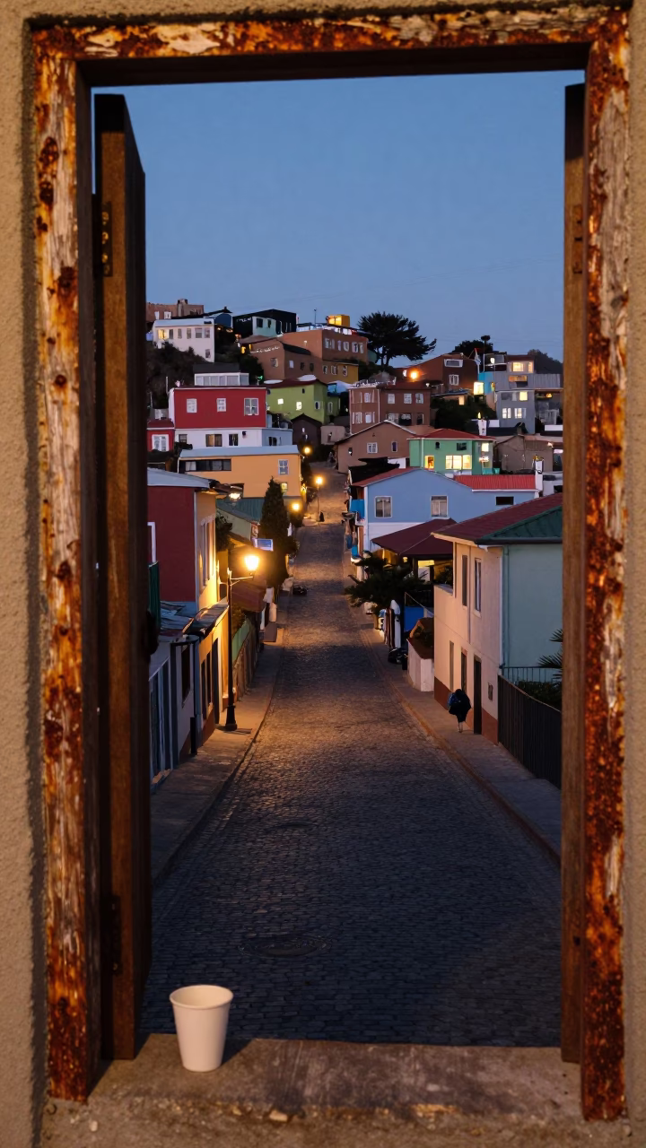 Valparaiso Chile Twilight Street Scene with Rusty Doorframe and Cup in in Valparaiso, Chile