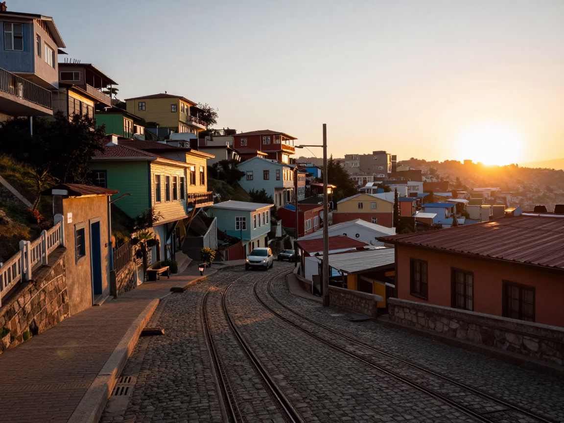 Valparaiso Hillside Neighborhood at As The Sun Drops Toward The Horizon in in Valparaiso, Chile