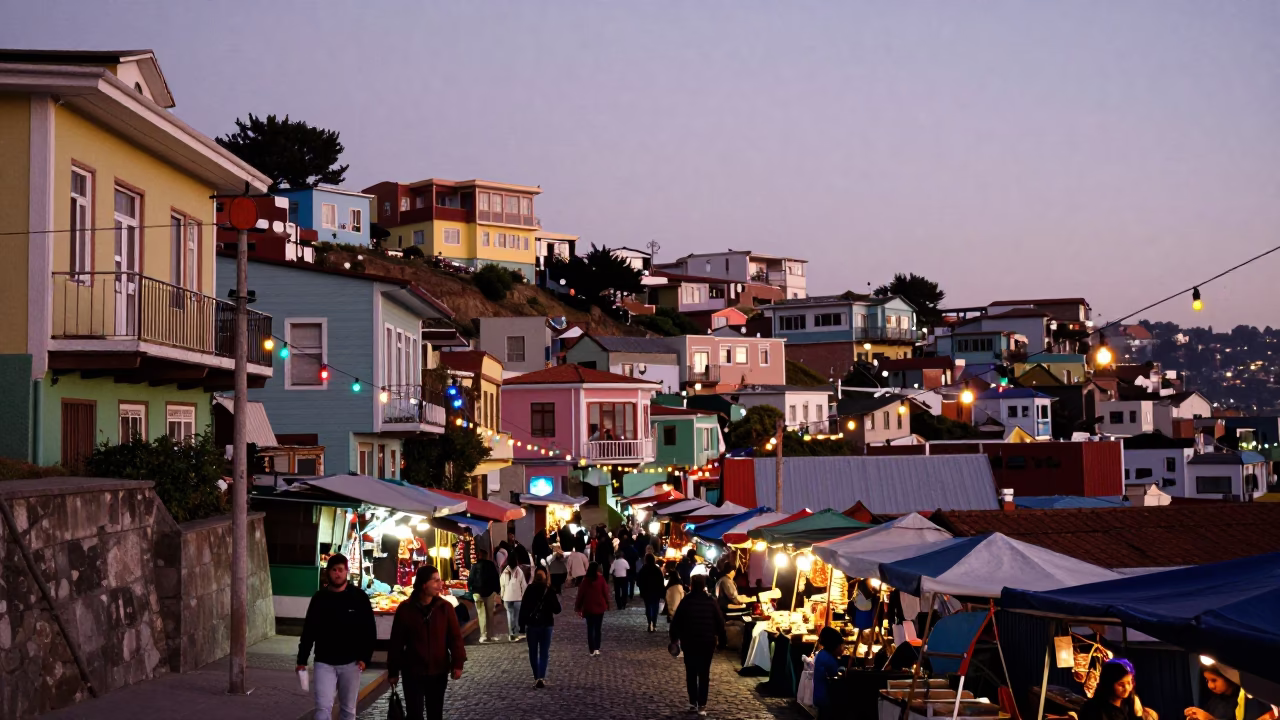 Valparaiso Street Market at Nautical Dawn Light in in Valparaiso, Chile