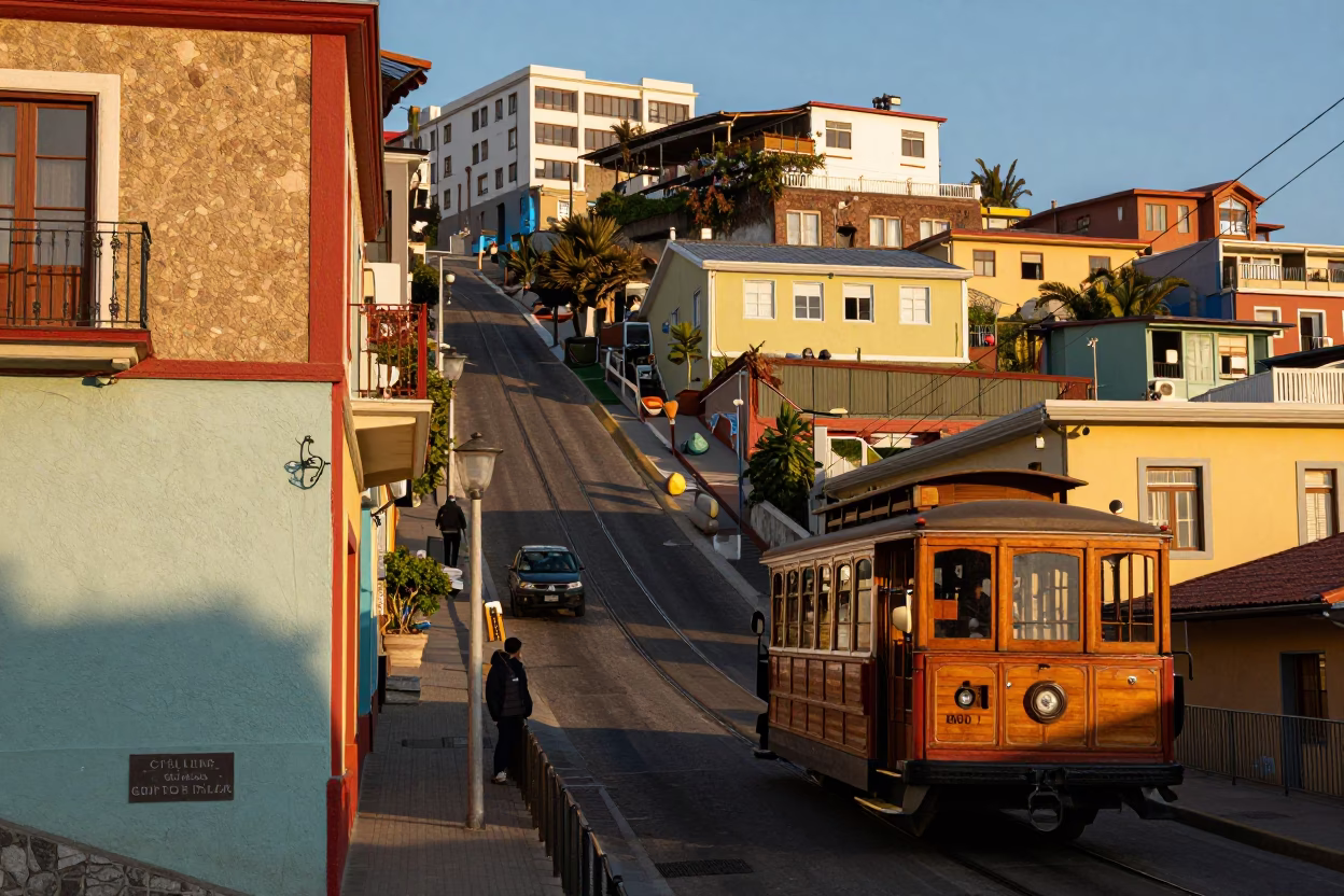 Valparaiso Street Scene at As First Light Reaches The Scene in in Valparaiso, Chile