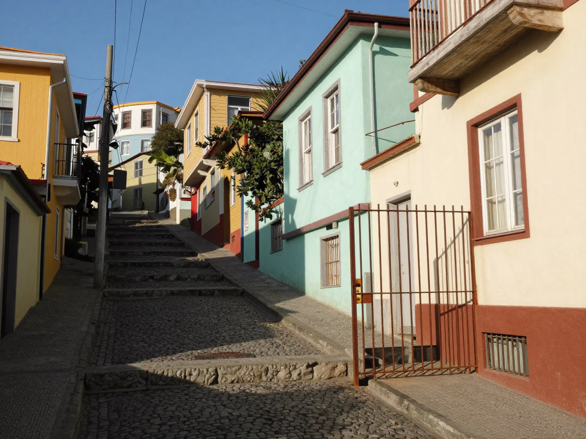 Valparaiso Street Scene at Clear Late-afternoon Light in in Valparaiso, Chile