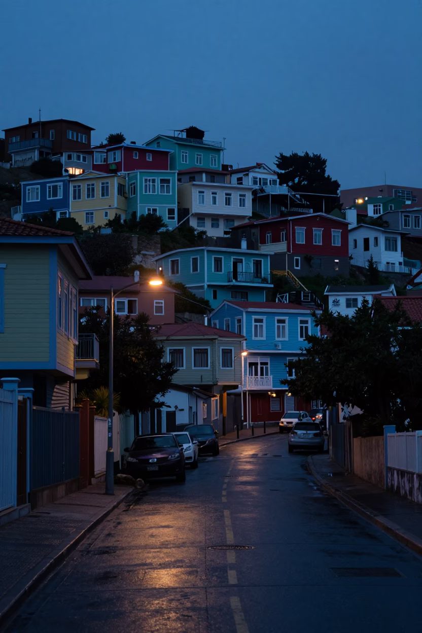 Valparaiso Street Scene at The Predawn Darkness Light in in Valparaiso, Chile