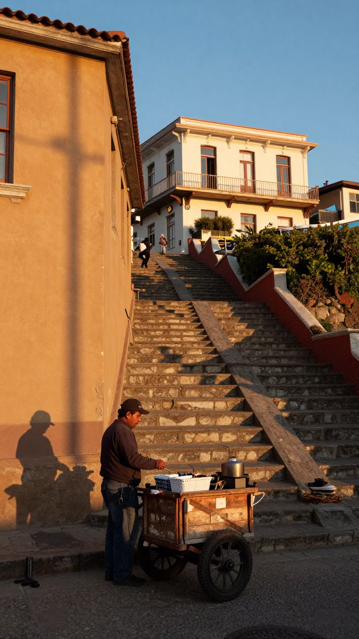 Valparaiso Street Vendors at As First Light Reaches The Scene in in Valparaiso, Chile