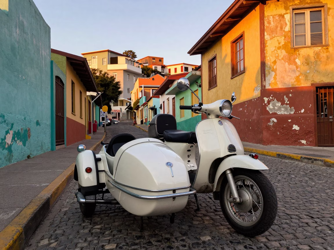 Valparaiso Vintage Motorcycle at Sunset Light in in Valparaiso, Chile