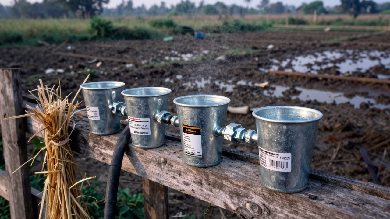 Valve Repair Kit on Barn Fence at Dawn in along a muddy paddock fence in Bangladesh