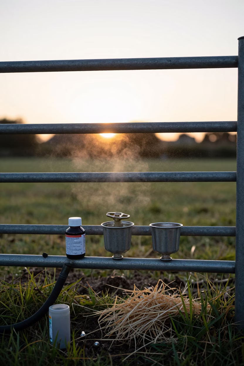 Valve Repair Kit on Barn Fence at Sunset in along a muddy paddock fence in England