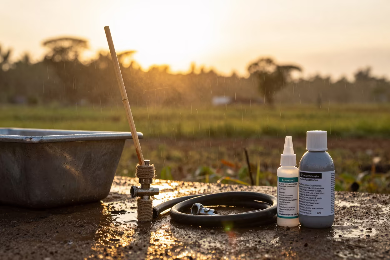 Valve Repair Kit Silhouette at Golden Hour in Papua in near a windbreak and water trough in Papua
