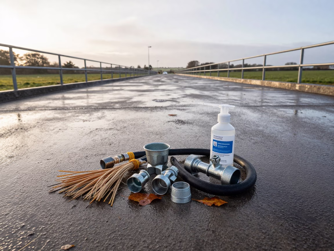Valve Repair Kit on Wet Stockyard Ramp in at a stockyard loading ramp in Northern Ireland