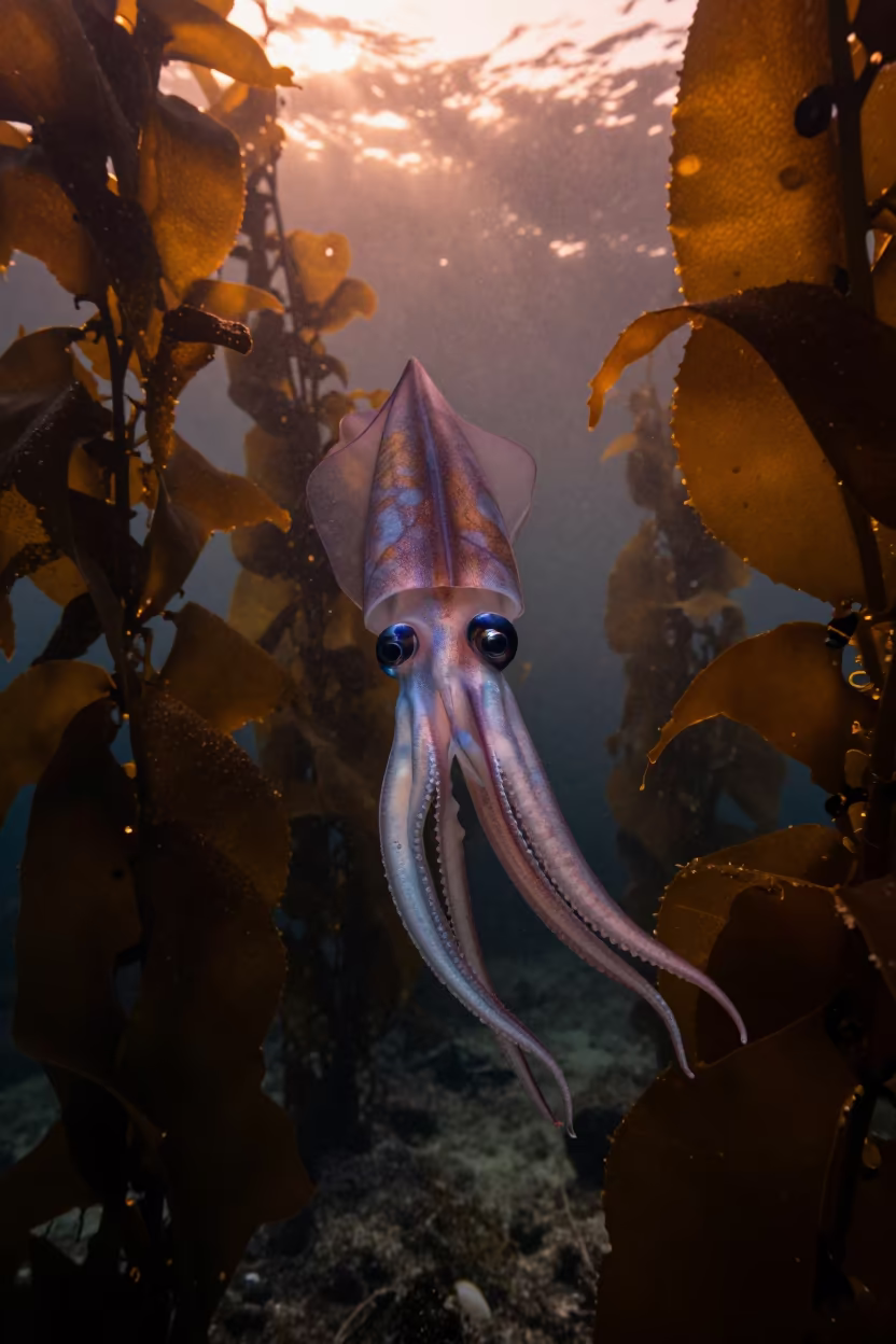 Vampire Squid Among Kelp Near Marseille in through a forest of kelp fronds near Marseille