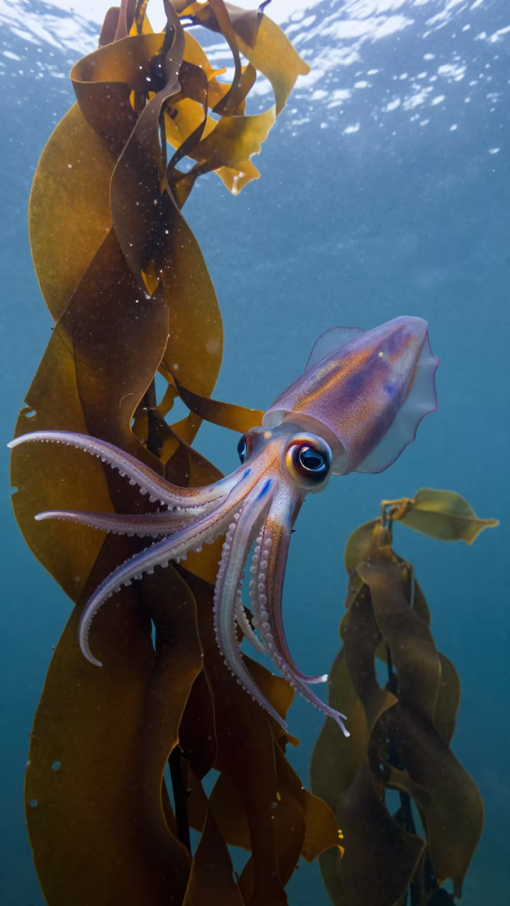 Vampire Squid Among Autumn Kelp Near Barcelona in through a forest of kelp fronds near Barcelona